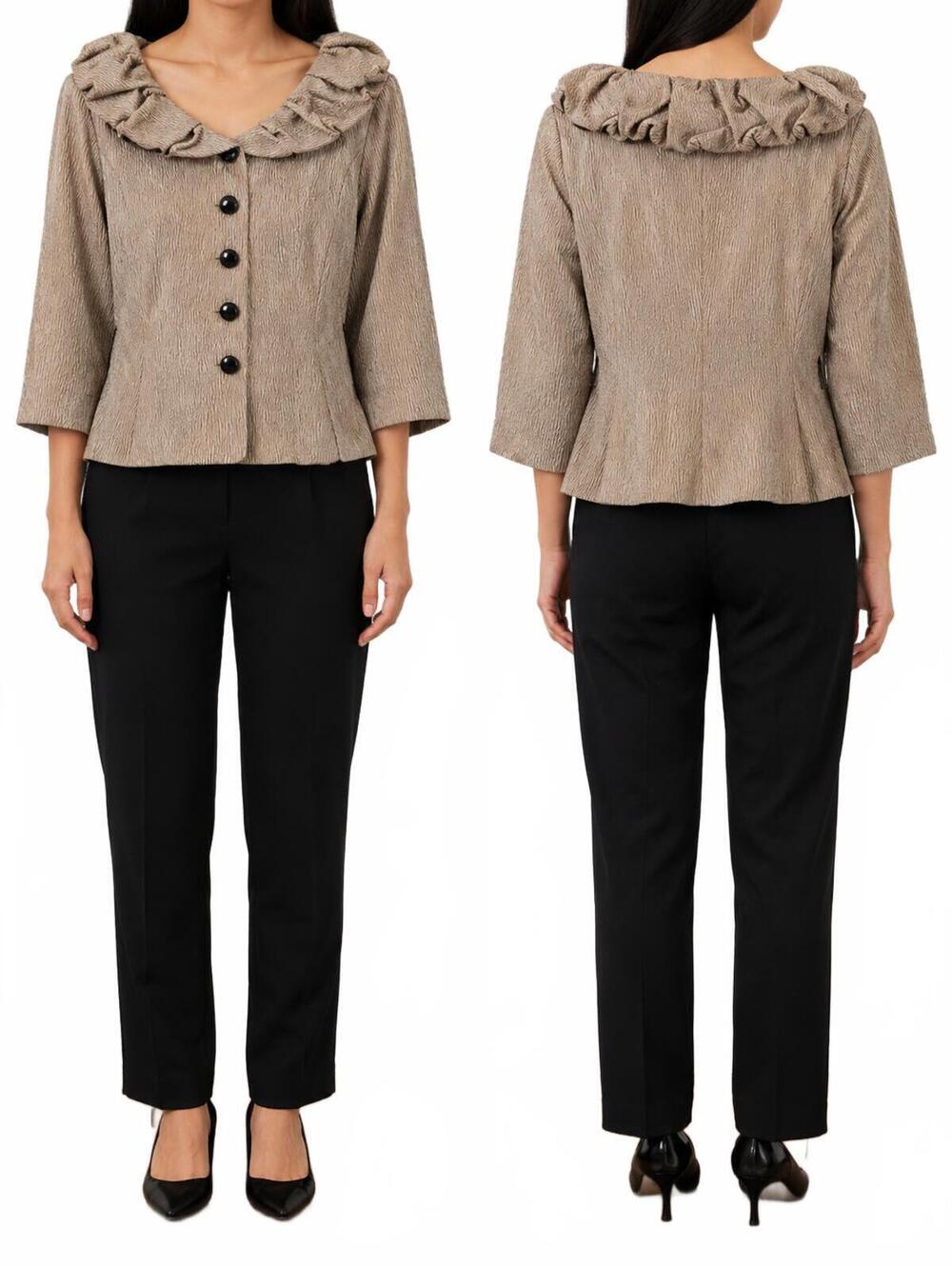 Adrianna Papell Gold Metallic Textured Blazer Ruffled Gathered Shawl Collar Poly